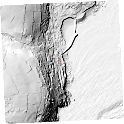 Shaded relief map of the ground around TR196SG, computed from Environment Agency LiDAR. The ground here sits at about 10 m above sea level and falls 96 m across the surrounding 800 m. Surface water reaching this point runs off ground lying to the west-south-west, 87.7 m higher.