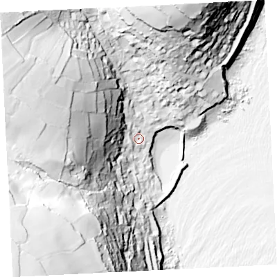 Shaded relief map of the ground around TR196TE, computed from Environment Agency LiDAR. The ground here sits at about 11 m above sea level and falls 95 m across the surrounding 800 m. Surface water reaching this point runs off ground lying to the west-north-west, 74.5 m higher.