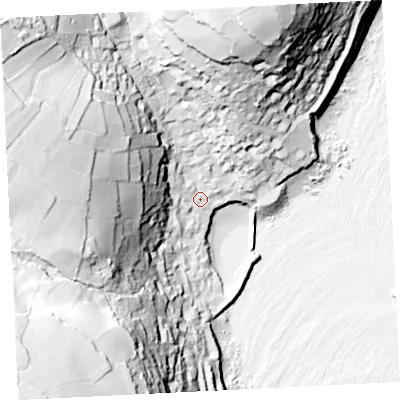 Shaded relief map of the ground around TR196TG, computed from Environment Agency LiDAR. The ground here sits at about 11 m above sea level and falls 93 m across the surrounding 800 m. Surface water reaching this point runs off ground lying to the west-north-west, 74.5 m higher.