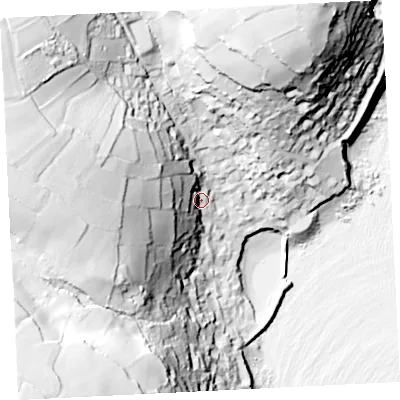 Shaded relief map of the ground around TR196TH, computed from Environment Agency LiDAR. The ground here sits at about 21 m above sea level and falls 96 m across the surrounding 800 m. Surface water reaching this point runs off ground lying to the west, 69.5 m higher.
