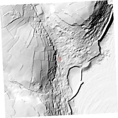 Shaded relief map of the ground around TR196TJ, computed from Environment Agency LiDAR. The ground here sits at about 18 m above sea level and falls 95 m across the surrounding 800 m. Surface water reaching this point runs off ground lying to the west-north-west, 71.2 m higher.