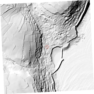 Shaded relief map of the ground around TR196TQ, computed from Environment Agency LiDAR. The ground here sits at about 11 m above sea level and falls 95 m across the surrounding 800 m. Surface water reaching this point runs off ground lying to the west-north-west, 74.9 m higher.