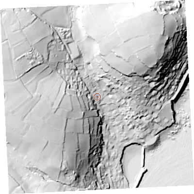 Shaded relief map of the ground around TR196TR, computed from Environment Agency LiDAR. The ground here sits at about 33 m above sea level and falls 91 m across the surrounding 800 m. Surface water reaching this point runs off ground lying to the north-west, 58.7 m higher.