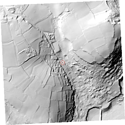 Shaded relief map of the ground around TR196TS, computed from Environment Agency LiDAR. The ground here sits at about 44 m above sea level and falls 91 m across the surrounding 800 m. Surface water reaching this point runs off ground lying to the west, 49.0 m higher.
