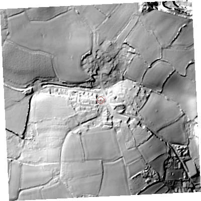 Shaded relief map of the ground around TR196UB, computed from Environment Agency LiDAR. The ground here sits at about 83 m above sea level and falls 59 m across the surrounding 800 m. Surface water reaching this point runs off ground lying to the south-west, 21.9 m higher.