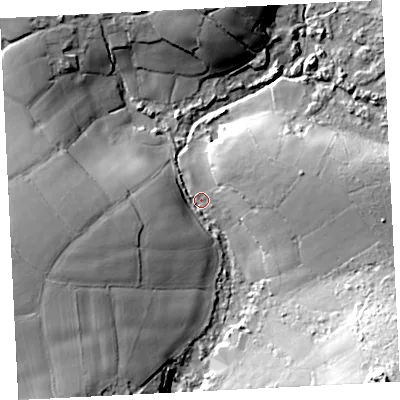 Shaded relief map of the ground around TR196UZ, computed from Environment Agency LiDAR. The ground here sits at about 86 m above sea level and falls 35 m across the surrounding 800 m. Surface water reaching this point runs off ground lying to the north, 18.9 m higher.