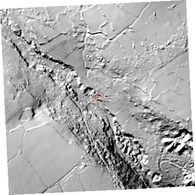 Shaded relief map of the ground around TR196XG, computed from Environment Agency LiDAR. The ground here sits at about 42 m above sea level and falls 94 m across the surrounding 800 m. Surface water reaching this point runs off ground lying to the north-east, 71.9 m higher.