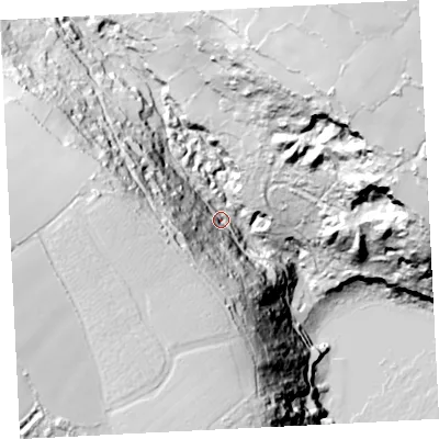 Shaded relief map of the ground around TR196XQ, computed from Environment Agency LiDAR. The ground here sits at about 30 m above sea level and falls 106 m across the surrounding 800 m. Surface water reaching this point runs off ground lying to the north-north-east, 82.4 m higher.