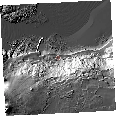 Shaded relief map of the ground around TR197DF, computed from Environment Agency LiDAR. The ground here sits at about 12 m above sea level and falls 96 m across the surrounding 800 m. Surface water reaching this point runs off ground lying to the south-east, 81.4 m higher.