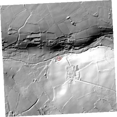 Shaded relief map of the ground around TR197PG, computed from Environment Agency LiDAR. The ground here sits at about 96 m above sea level and falls 66 m across the surrounding 800 m. Surface water reaching this point runs off ground lying to the north-east, 59.9 m higher.