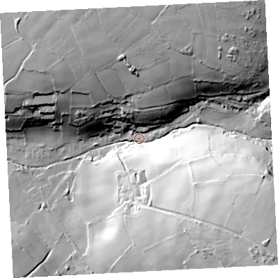 Shaded relief map of the ground around TR197PH, computed from Environment Agency LiDAR. The ground here sits at about 102 m above sea level and falls 71 m across the surrounding 800 m. Surface water reaching this point runs off ground lying to the north-east, 62.7 m higher.