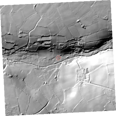Shaded relief map of the ground around TR197PJ, computed from Environment Agency LiDAR. The ground here sits at about 95 m above sea level and falls 65 m across the surrounding 800 m. Surface water reaching this point runs off ground lying to the north, 37.0 m higher.