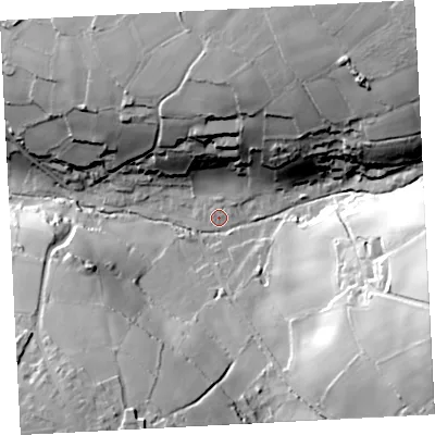 Shaded relief map of the ground around TR197PL, computed from Environment Agency LiDAR. The ground here sits at about 93 m above sea level and falls 58 m across the surrounding 800 m. Surface water reaching this point runs off ground lying to the north-east, 52.7 m higher.