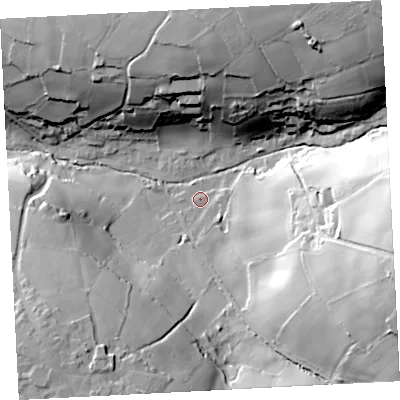 Shaded relief map of the ground around TR197PN, computed from Environment Agency LiDAR. The ground here sits at about 94 m above sea level and falls 56 m across the surrounding 800 m. Surface water reaching this point runs off ground lying to the east-south-east, 48.5 m higher.