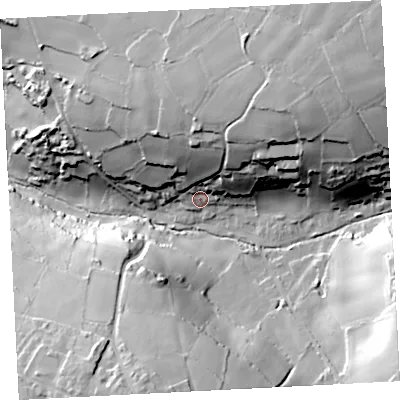 Shaded relief map of the ground around TR197PW, computed from Environment Agency LiDAR. The ground here sits at about 95 m above sea level and falls 55 m across the surrounding 800 m. Surface water reaching this point runs off ground lying to the north-east, 38.4 m higher.