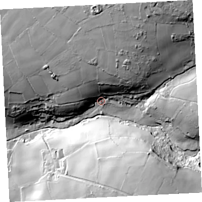 Shaded relief map of the ground around TR197PY, computed from Environment Agency LiDAR. The ground here sits at about 115 m above sea level and falls 79 m across the surrounding 800 m. Surface water reaching this point runs off ground lying to the north-north-east, 56.5 m higher.