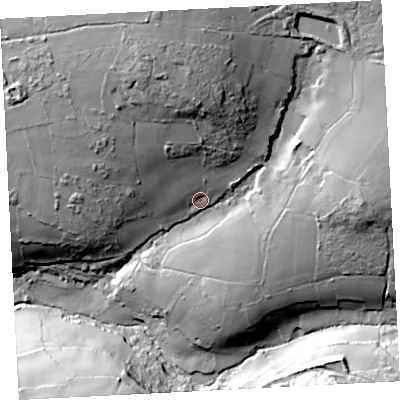 Shaded relief map of the ground around TR197PZ, computed from Environment Agency LiDAR. The ground here sits at about 143 m above sea level and falls 65 m across the surrounding 800 m. Surface water reaching this point runs off ground lying to the north, 33.2 m higher.