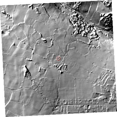 Shaded relief map of the ground around TR197QP, computed from Environment Agency LiDAR. The ground here sits at about 111 m above sea level and falls 45 m across the surrounding 800 m. Surface water reaching this point runs off ground lying to the east-south-east, 14.5 m higher.