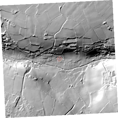 Shaded relief map of the ground around TR197QS, computed from Environment Agency LiDAR. The ground here sits at about 93 m above sea level and falls 57 m across the surrounding 800 m. Surface water reaching this point runs off ground lying to the north-east, 49.3 m higher.