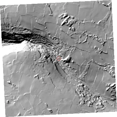 Shaded relief map of the ground around TR197QW, computed from Environment Agency LiDAR. The ground here sits at about 81 m above sea level and falls 67 m across the surrounding 800 m. Surface water reaching this point runs off ground lying to the east-north-east, 36.8 m higher.