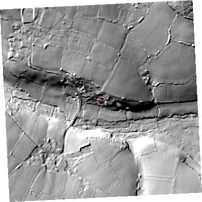 Shaded relief map of the ground around TR197RE, computed from Environment Agency LiDAR. The ground here sits at about 101 m above sea level and falls 67 m across the surrounding 800 m. Surface water reaching this point runs off ground lying to the north-north-east, 19.2 m higher.
