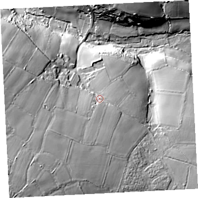 Shaded relief map of the ground around TR197RF, computed from Environment Agency LiDAR. The ground here sits at about 111 m above sea level and falls 36 m across the surrounding 800 m. Surface water reaching this point runs off ground lying to the south, 9.6 m higher.
