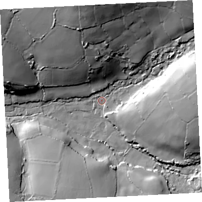 Shaded relief map of the ground around TR197RQ, computed from Environment Agency LiDAR. The ground here sits at about 98 m above sea level and falls 51 m across the surrounding 800 m. Surface water reaching this point runs off ground lying to the north-east, 44.2 m higher.