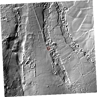 Shaded relief map of the ground around TR197TH, computed from Environment Agency LiDAR. The ground here sits at about 151 m above sea level and falls 48 m across the surrounding 800 m. Surface water reaching this point runs off ground lying to the south, 24.9 m higher.