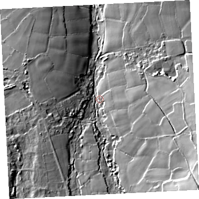 Shaded relief map of the ground around TR197TN, computed from Environment Agency LiDAR. The ground here sits at about 131 m above sea level and falls 53 m across the surrounding 800 m. Surface water reaching this point runs off ground lying to the south-east, 38.9 m higher.