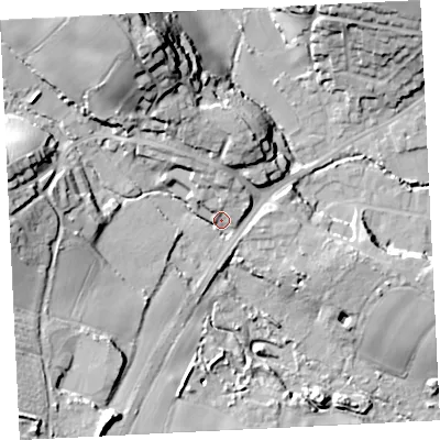 Shaded relief map of the ground around TR208AB, computed from Environment Agency LiDAR. The ground here sits at about 22 m above sea level and falls 44 m across the surrounding 800 m. Surface water reaching this point runs off ground lying to the north-north-west, 35.3 m higher.