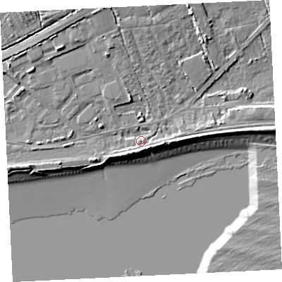 Shaded relief map of the ground around TR208AD, computed from Environment Agency LiDAR. The ground here sits at about 5 m above sea level and falls 13 m across the surrounding 800 m. Surface water reaching this point runs off ground lying to the south-west, 4.0 m higher.
