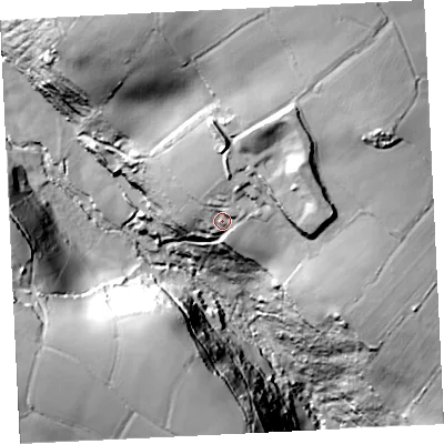 Shaded relief map of the ground around TR208AP, computed from Environment Agency LiDAR. The ground here sits at about 99 m above sea level and falls 83 m across the surrounding 800 m. Surface water reaching this point runs off ground lying to the north-north-east, 31.5 m higher.