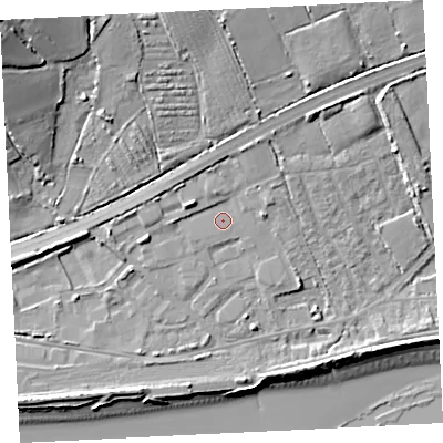 Shaded relief map of the ground around TR208AS, computed from Environment Agency LiDAR. The ground here sits at about 7 m above sea level and falls 26 m across the surrounding 800 m. Surface water reaching this point runs off ground lying to the north-north-east, 3.8 m higher.