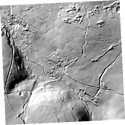 Shaded relief map of the ground around TR208AU, computed from Environment Agency LiDAR. The ground here sits at about 113 m above sea level and falls 68 m across the surrounding 800 m. Surface water reaching this point runs off ground lying to the north-east, 40.9 m higher.