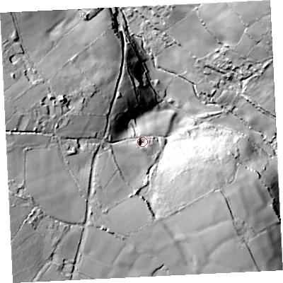 Shaded relief map of the ground around TR208AX, computed from Environment Agency LiDAR. The ground here sits at about 124 m above sea level and falls 73 m across the surrounding 800 m. Surface water reaching this point runs off ground lying to the south-west, 23.6 m higher.