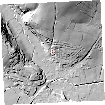 Shaded relief map of the ground around TR208DJ, computed from Environment Agency LiDAR. The ground here sits at about 27 m above sea level and falls 52 m across the surrounding 800 m. Surface water reaching this point runs off ground lying to the north, 41.4 m higher.