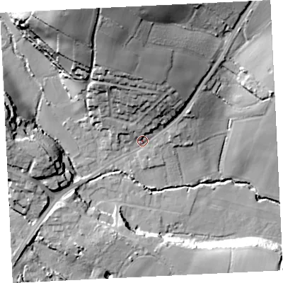 Shaded relief map of the ground around TR208DP, computed from Environment Agency LiDAR. The ground here sits at about 20 m above sea level and falls 46 m across the surrounding 800 m. Surface water reaching this point runs off ground lying to the north-north-west, 35.7 m higher.