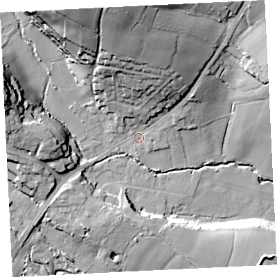Shaded relief map of the ground around TR208DS, computed from Environment Agency LiDAR. The ground here sits at about 18 m above sea level and falls 42 m across the surrounding 800 m. Surface water reaching this point runs off ground lying to the north, 33.2 m higher.