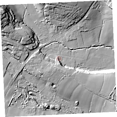 Shaded relief map of the ground around TR208DU, computed from Environment Agency LiDAR. The ground here sits at about 18 m above sea level and falls 42 m across the surrounding 800 m. Surface water reaching this point runs off ground lying to the south-south-west, 7.5 m higher.