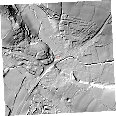 Shaded relief map of the ground around TR208DX, computed from Environment Agency LiDAR. The ground here sits at about 19 m above sea level and falls 47 m across the surrounding 800 m. Surface water reaching this point runs off ground lying to the north-west, 41.4 m higher.