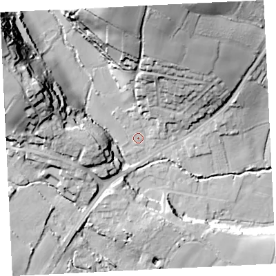 Shaded relief map of the ground around TR208DY, computed from Environment Agency LiDAR. The ground here sits at about 19 m above sea level and falls 44 m across the surrounding 800 m. Surface water reaching this point runs off ground lying to the north, 37.8 m higher.