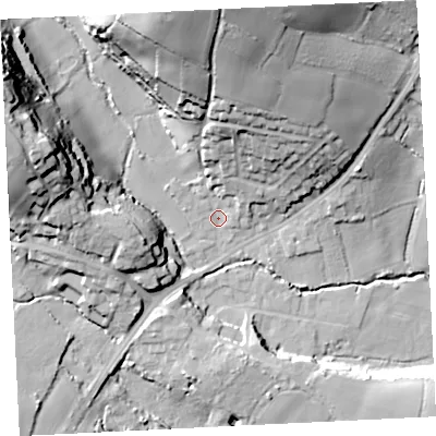 Shaded relief map of the ground around TR208EA, computed from Environment Agency LiDAR. The ground here sits at about 19 m above sea level and falls 44 m across the surrounding 800 m. Surface water reaching this point runs off ground lying to the north-north-west, 39.0 m higher.
