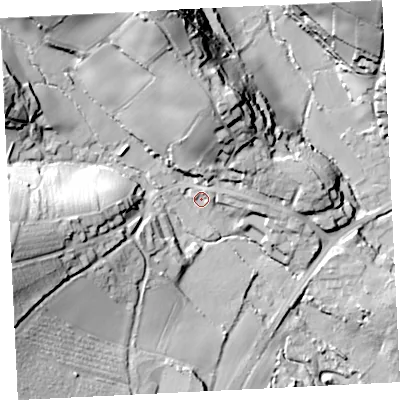 Shaded relief map of the ground around TR208EH, computed from Environment Agency LiDAR. The ground here sits at about 24 m above sea level and falls 50 m across the surrounding 800 m. Surface water reaching this point runs off ground lying to the north, 27.8 m higher.