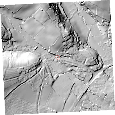 Shaded relief map of the ground around TR208EJ, computed from Environment Agency LiDAR. The ground here sits at about 27 m above sea level and falls 50 m across the surrounding 800 m. Surface water reaching this point runs off ground lying to the north, 29.4 m higher.