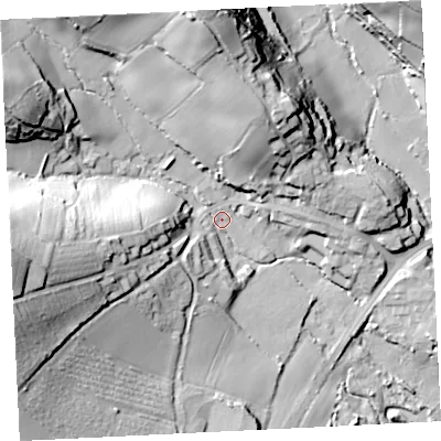 Shaded relief map of the ground around TR208EL, computed from Environment Agency LiDAR. The ground here sits at about 24 m above sea level and falls 52 m across the surrounding 800 m. Surface water reaching this point runs off ground lying to the west, 41.9 m higher.