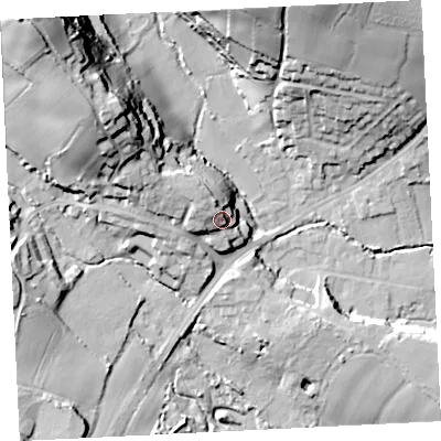 Shaded relief map of the ground around TR208EP, computed from Environment Agency LiDAR. The ground here sits at about 30 m above sea level and falls 50 m across the surrounding 800 m. Surface water reaching this point runs off ground lying to the north-west, 7.4 m higher.