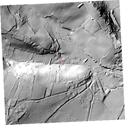 Shaded relief map of the ground around TR208EW, computed from Environment Agency LiDAR. The ground here sits at about 31 m above sea level and falls 62 m across the surrounding 800 m. Surface water reaching this point runs off ground lying to the west-south-west, 51.6 m higher.