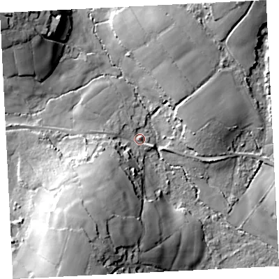 Shaded relief map of the ground around TR208FG, computed from Environment Agency LiDAR. The ground here sits at about 113 m above sea level and falls 35 m across the surrounding 800 m. Surface water reaching this point runs off ground lying to the south-west, 25.5 m higher.