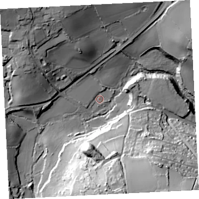 Shaded relief map of the ground around TR208FR, computed from Environment Agency LiDAR. The ground here sits at about 20 m above sea level and falls 63 m across the surrounding 800 m. Surface water reaching this point runs off ground lying to the north-west, 36.2 m higher.