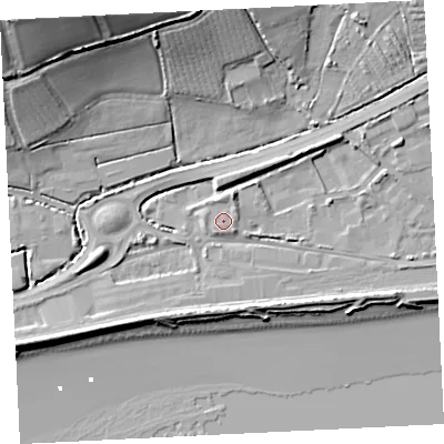 Shaded relief map of the ground around TR208HL, computed from Environment Agency LiDAR. The ground here sits at about 6 m above sea level and falls 32 m across the surrounding 800 m. Surface water reaching this point runs off ground lying to the north-north-east, 2.6 m higher.